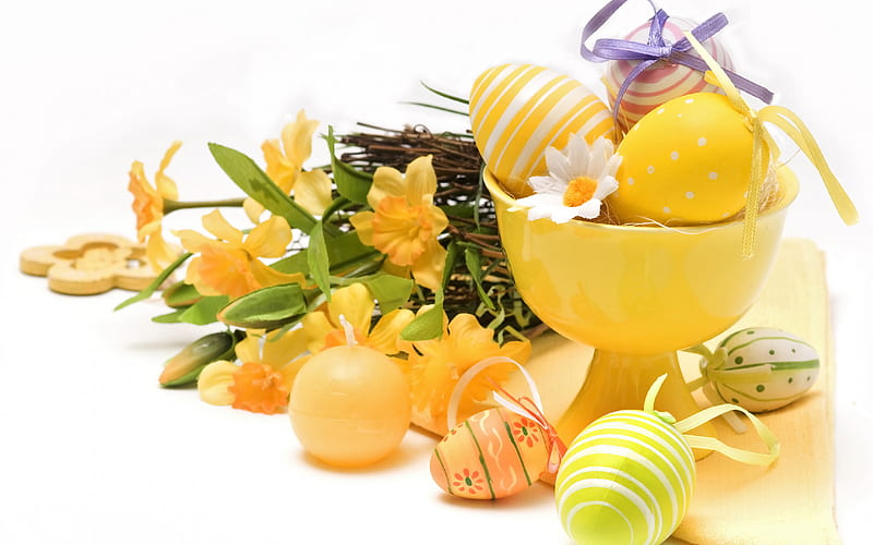 Yellow Easter eggs, white background, spring, Easter, yellow flowers, Easter background, HD wallpaper