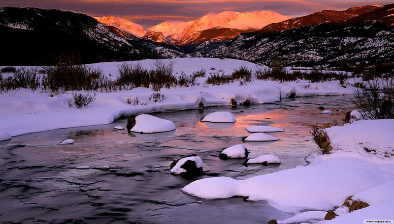 Rocky Mountain National Park, sunset, cold, river, frost, sky, winter, snow, mountains, ze, ice, nature, frozen, scene, landscape, canada, HD wallpaper