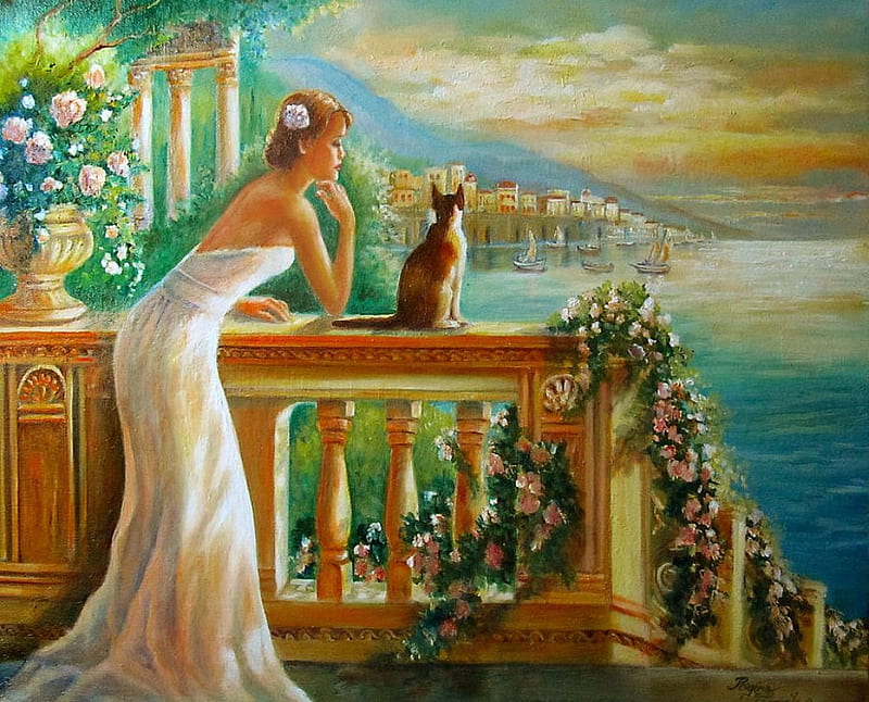Impressive View, balcony, painting, flowers, river, cat, clouds, sky, woman, HD wallpaper