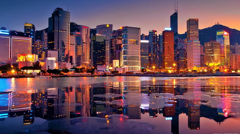 magnificent hong kong reflected in bay, city, sunset, reflection, bay, skyscrapers, HD wallpaper