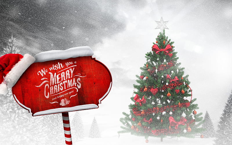 Merry Christmas, wooden board, winter, christmas tree, snowfall, Happy New Year, Christmas, xmas decorations, Merry Xmas, HD wallpaper