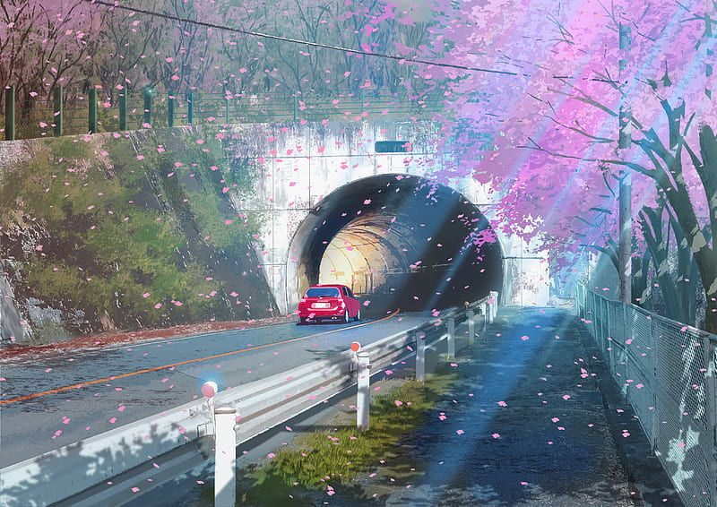 Anime, Original, Car, Flower, Sakura, Street, Tunnel, HD wallpaper