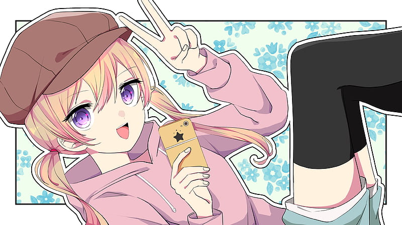 Anime, Original, Blonde, Girl, Hat, Phone, Purple Eyes, HD wallpaper