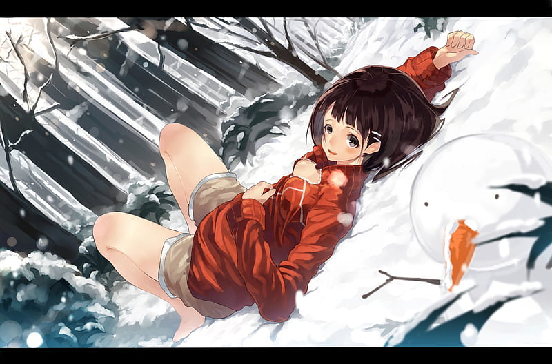 Kirigaya Suguha, Sword Art Online, female, manga, trees, winter, girl, snow, red outfit, anime, HD wallpaper