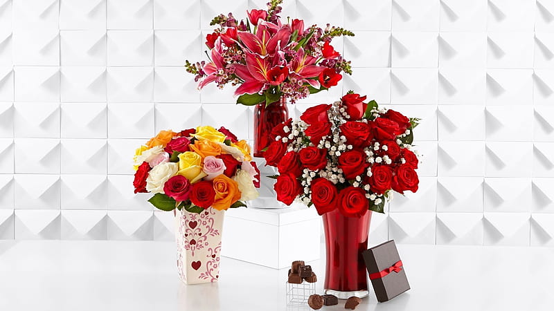 lilies, chocolate, romance, gift, roses, tulips, chocolates, flowers, romantic, u, HD wallpaper