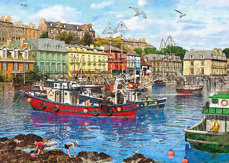Cobh Harbour, art, luminos, boat, water, gibson, painting, pictura, blue, HD wallpaper