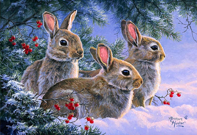 Bunny Hideout, tree, snow, winter, bunnies, artwork, painting, HD wallpaper