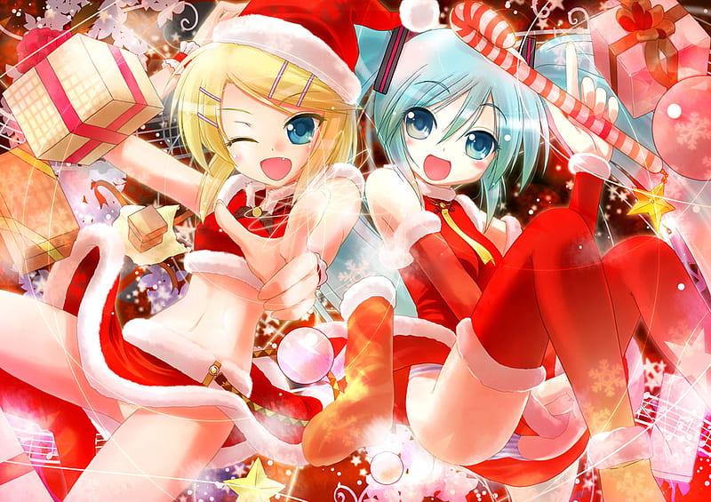 Hatsune Miku and Kagamine Rin, candy, kagamine rin, hatsune miku, christmas, sexy, cute, anime, presents, candy cane, vocaloids, HD wallpaper