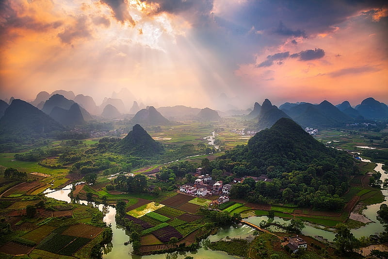 Sunrays over a Village in China, Cityscapes, Mountains, Sky, China, Clouds, Landscapes, Sunrays, Nature, HD wallpaper