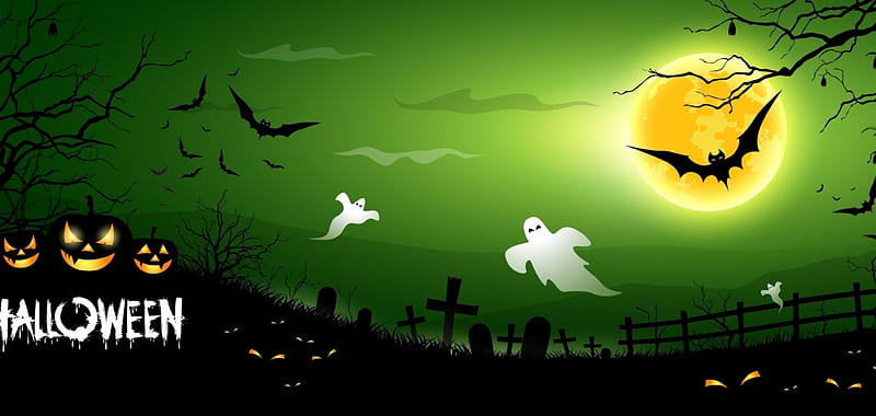 Happy Halloween!, moon, luminos, halloween, black, yellow, card, fantasy, moon, ghost, green, pumpkin, bat, white, HD wallpaper