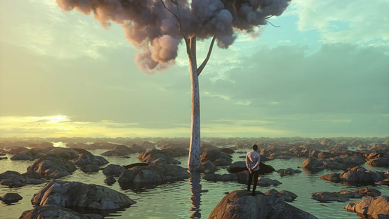 Boy Alone Clouds On Tree , alone, artist, artwork, digital-art, behance, HD wallpaper