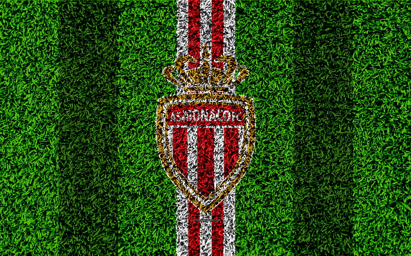 AS Monaco FC football lawn, logo, French football club, grass texture, emblem, red white lines, Ligue 1, Monaco, France, football, HD wallpaper