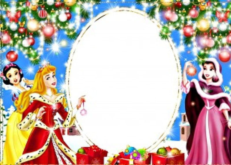 Disney Christmas, red, craciun, christmas, frame, aurora, snow white, belle, yellow, girl, white, princess, disney, blue, HD wallpaper