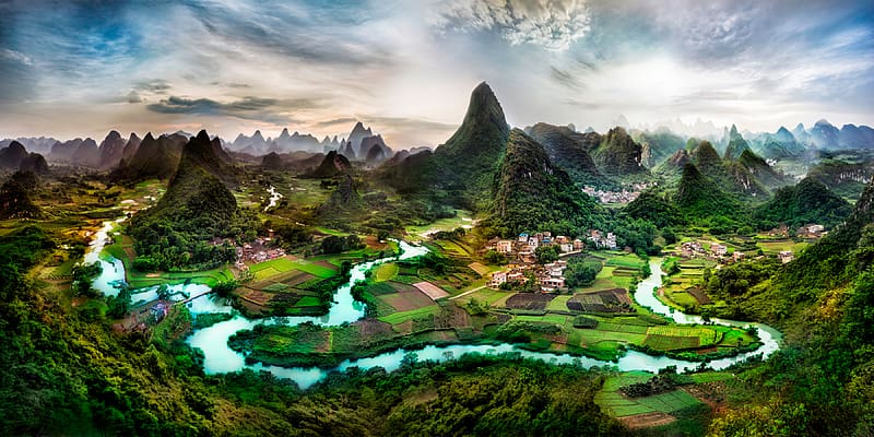 Landscape, Mountain, Forest, Field, China, River, , Nanling Mountains, Guanxi Zhuang, Li River, HD wallpaper