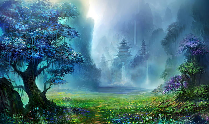 Fantasy forest, forest, fantasy, painting, castle, mist, HD wallpaper