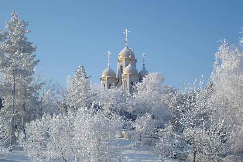 temple in the trees, religious, sky, winter, graphy, snow, beauty, nature, white, blue, HD wallpaper