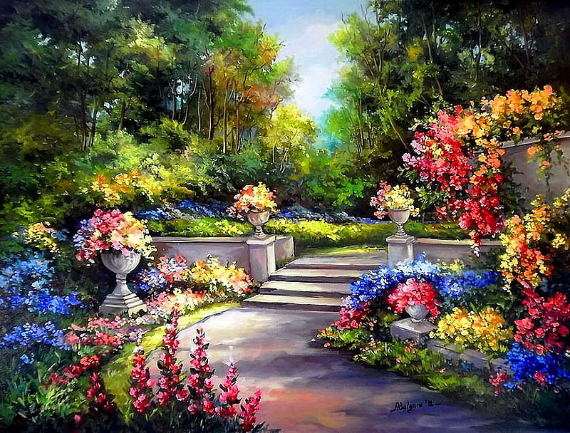 Secret garden, flower, painting, garden, stairway, HD wallpaper