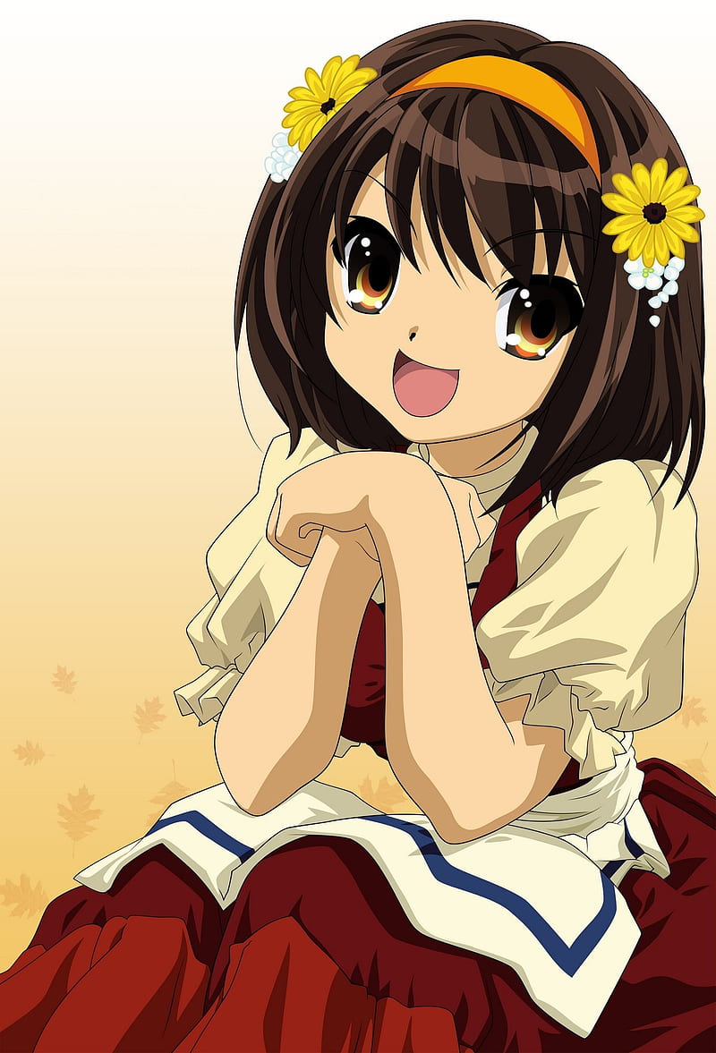 anime, The Melancholy of Haruhi Suzumiya, anime girls, flower in hair, open mouth, HD phone wallpaper