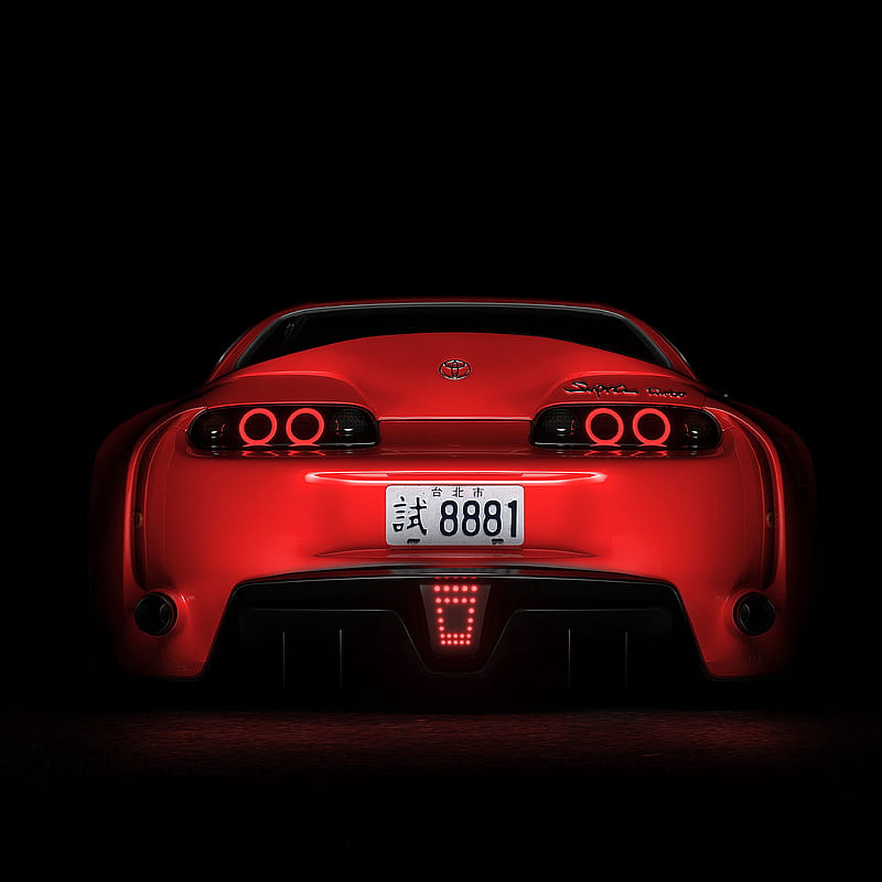 toyota supra, toyota, sportscar, red, rear view, dark, backlight, HD phone wallpaper