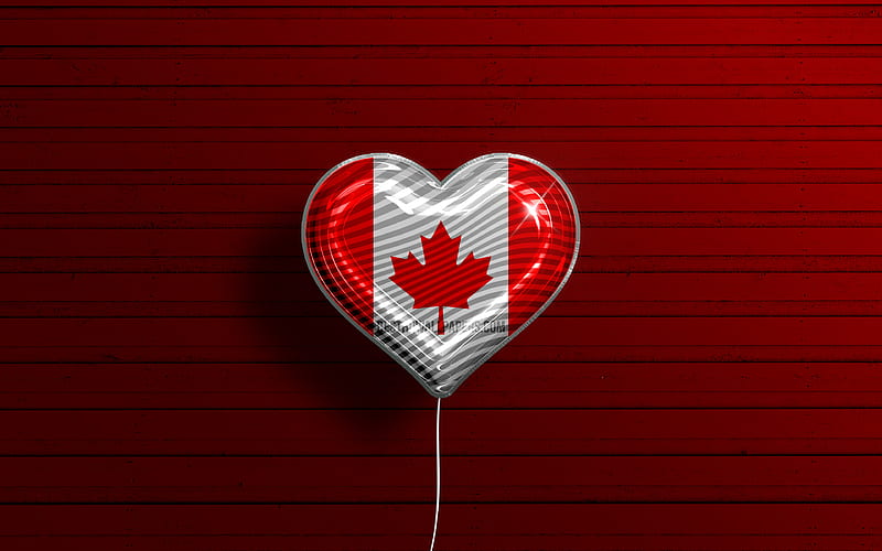 I Love Canada realistic balloons, red wooden background, North American countries, Canadian flag heart, favorite countries, flag of Canada, balloon with flag, Canadian flag, North America, Love Canada, HD wallpaper