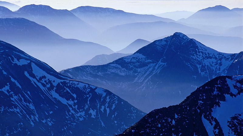 the highlands of scotland, valleys, blue, mountains, mist, HD wallpaper