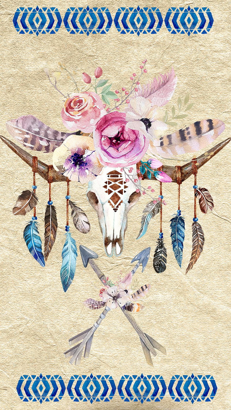 Tribal, abstract, arrows, art, flowers, skull, HD phone wallpaper