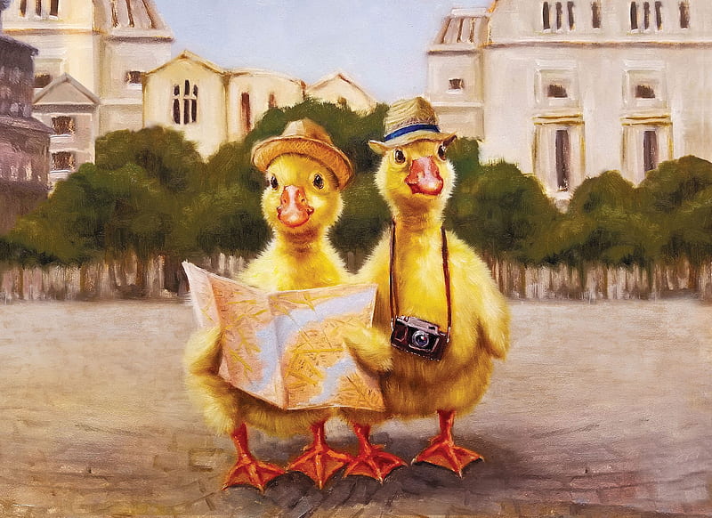 duck, tours, painting, yellow, duckling, couple, art, cute, fantasy, pictura, HD wallpaper