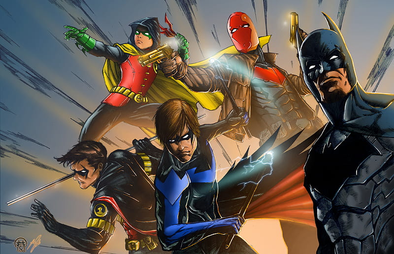 Knights Of Gotham, batman, red-hood, nightwing, robin, , superheroes, artwork, digital-art, HD wallpaper