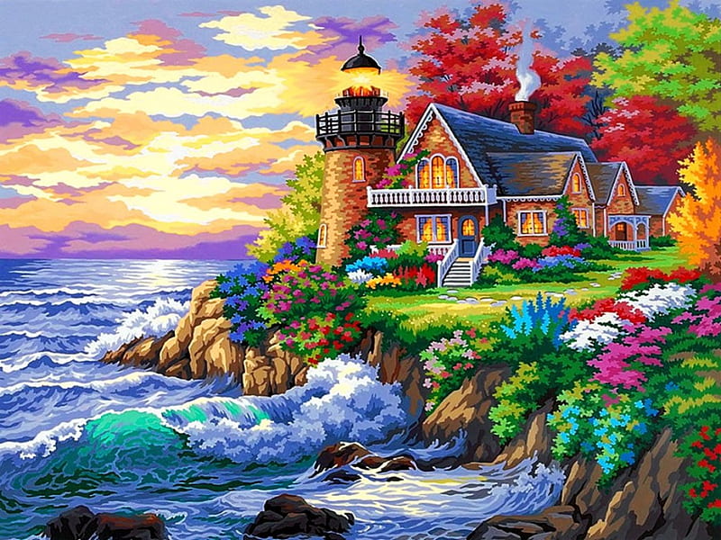 Guardian of the sea, rocks, pretty, house, shore, cottage, bonito, clouds, sea, countryside, painting, flowers, sunrise, art, amazing, rest, lovely, colors, guardian, waves, sky, trees, lighthouse, coast, HD wallpaper