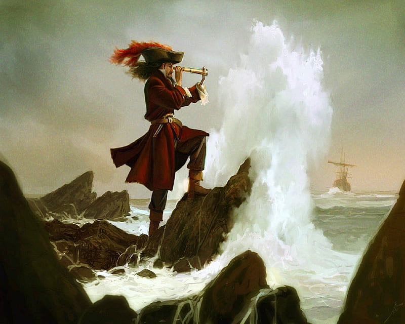 Captain Hook, Ship, Sea, Pirate, Spy Glass, Rocks, HD wallpaper