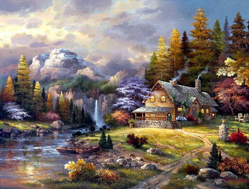 Beautiful landscape, cottage, houses, colors, bonito, splendor, waterfall, peaceful, nature, river, outdoor, landscape, HD wallpaper