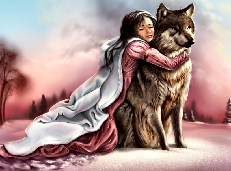 Girl in Pink With Wolf, lobo, art, bonito, illustration, artwork ...