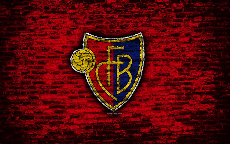 Basel FC, emblem, Switzerland Super League, brick wall, soccer, football, logo, Basel, Switzerland, brick texture, FC Basel, HD wallpaper