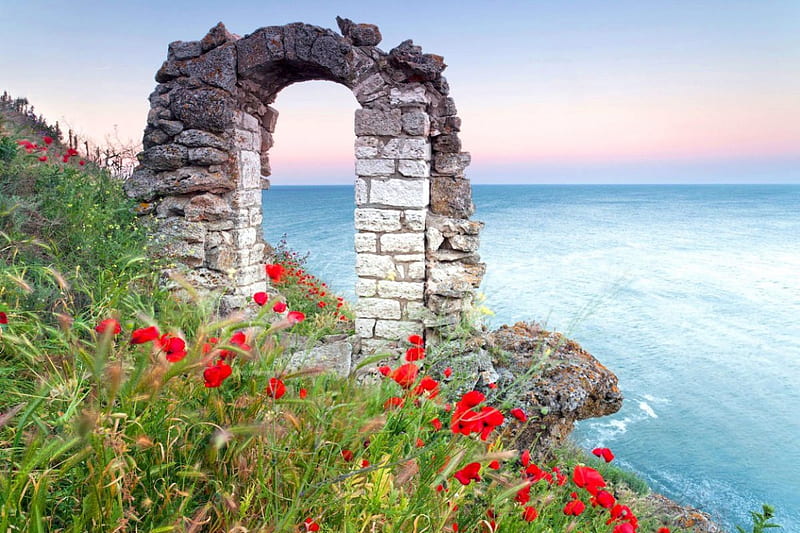 Arch at the Sea, water, grass, poppies, ocean, cliff, HD wallpaper