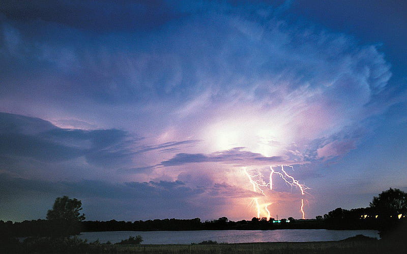 Stormy, force, trees, clouds, lake, lights, skies, lightning, nature, colours, HD wallpaper