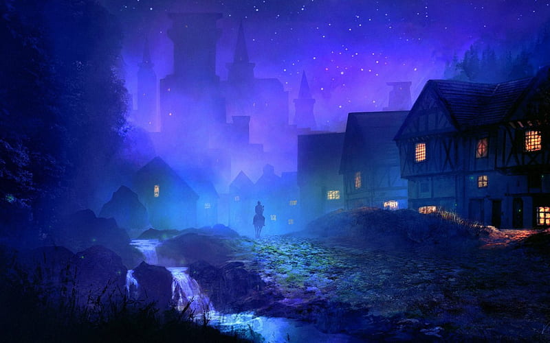 In the night, art, houses, man, fantasy, city, purple, dark, blue, night, HD wallpaper