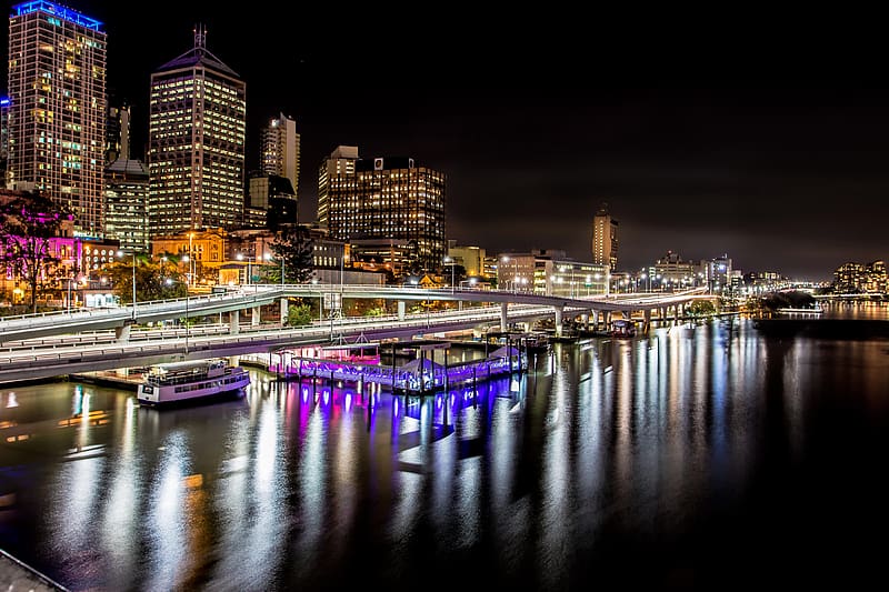 Cities, Night, City, Building, Reflection, Light, Wharf, River, Australia, way, Brisbane, , Brisbane River, Queensland, HD wallpaper