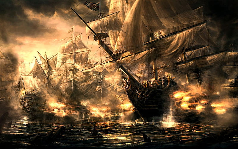 battle ships, ships, fire, water, battle, ship, light, HD wallpaper