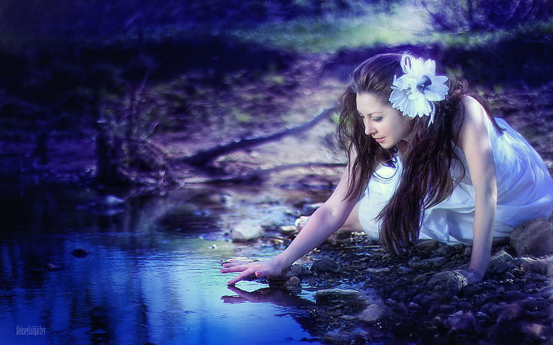 Water fairy, water, purple, girl, flower, white, woman, fairy, blue, HD wallpaper