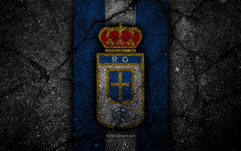 FC Real Oviedo, logo, Segunda Division, soccer, black stone, football club, Spain, Real Oviedo, LaLiga2, asphalt texture, Real Oviedo FC, HD wallpaper