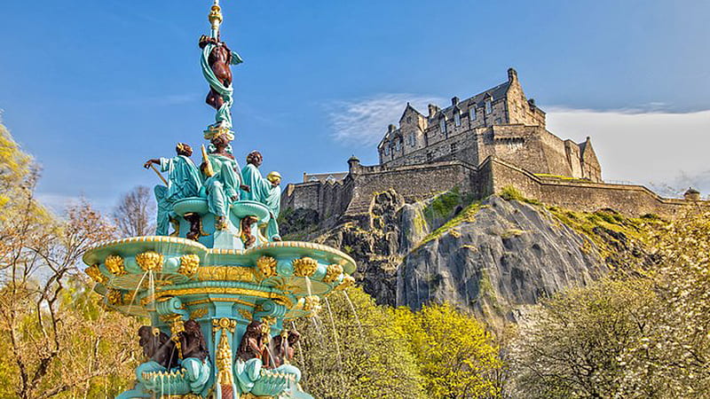 Scotland Ross Fountain and Edinburgh Castle Blue Sky Background Travel, HD wallpaper