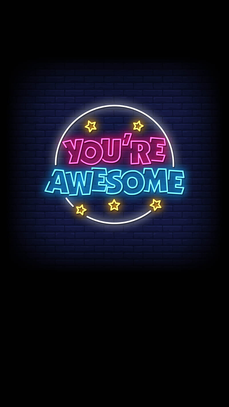 You're Awesome, Kiss, You're, awesome, blue, brick wall, bricks, dark, neon, pink, purple, sign, stars, yellow, HD phone wallpaper