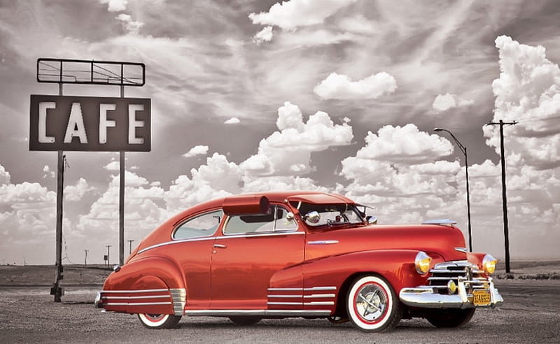 1948 Chevrolet Fleetline, red, car, black and white, chevy, oldie, HD wallpaper