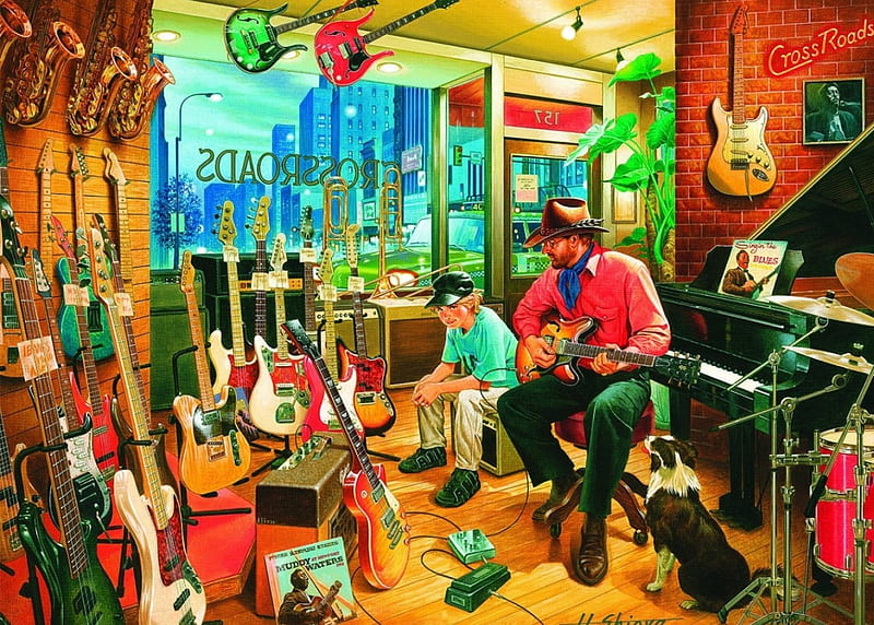 Crossroads Music Shop, boy, painting, instruments, man, artwork, HD wallpaper