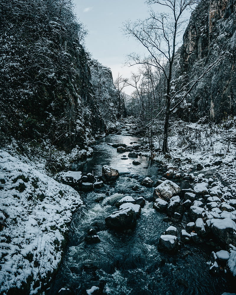 river, rocks, stones, snow, winter, HD phone wallpaper