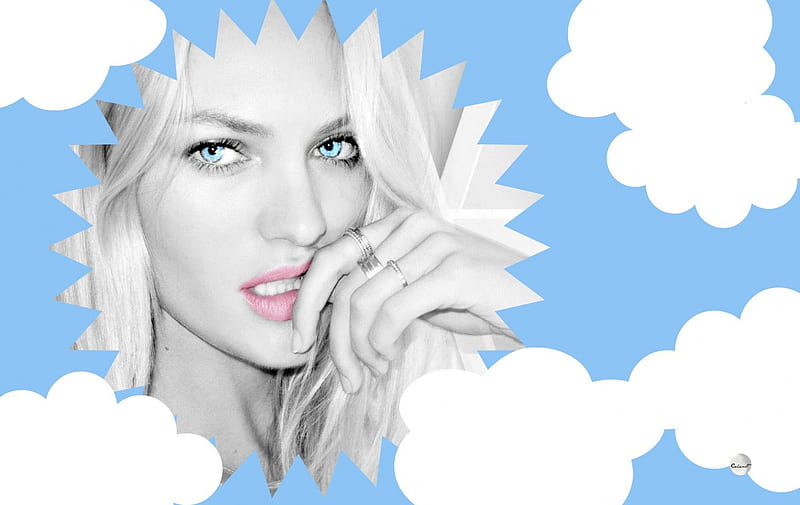 Candice Swanepoel, cloud, sun, model, black, by cehenot, collage, woman, girl, white, pink, blue, HD wallpaper