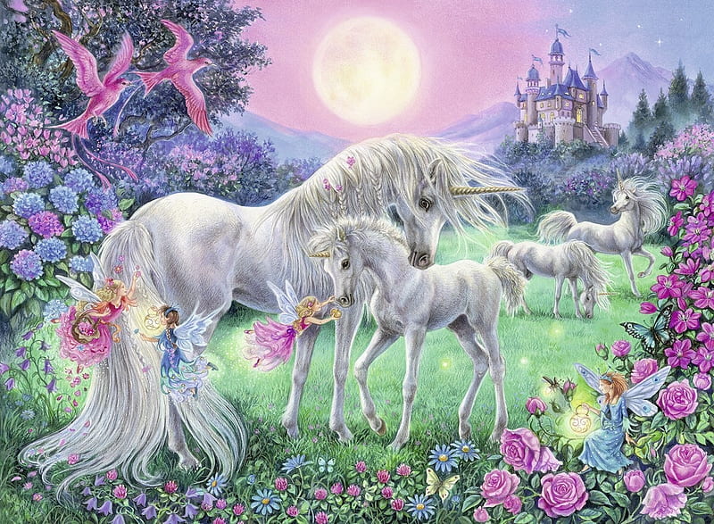 Fairies and unicorns, fantasy, moon, moon, luminos, green, unicorn, pink, fairy, HD wallpaper