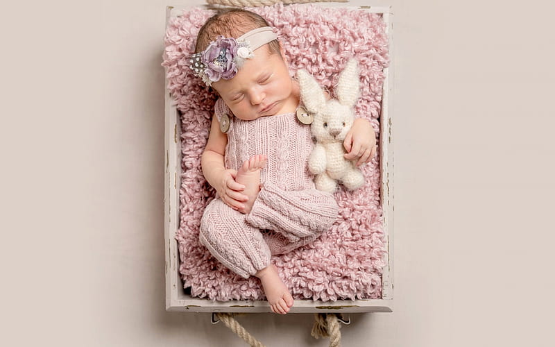 Baby girl sleeping, sleep, toy, adorable, baby, cute, girl, copil, child, bunny, pink, white, HD wallpaper
