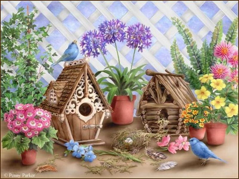 bird house scenery hut, birds, birdhouse, flowers, HD wallpaper