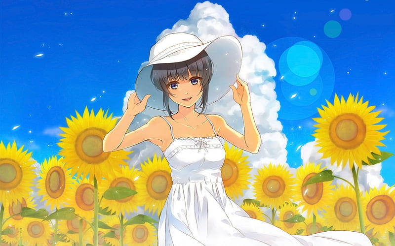 Summer day, cloud, sun, manga, yellow, sky, hat, girl, anime, summer, flower, day, white dress, blue, HD wallpaper